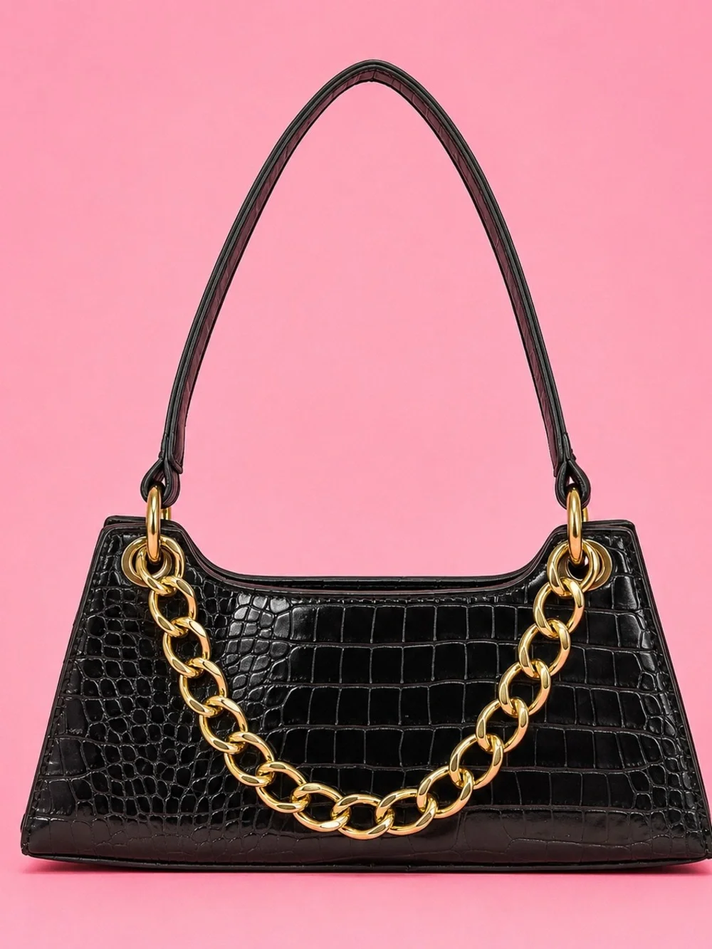 Black Croc-Embossed Shoulder Bag with Gold Chain